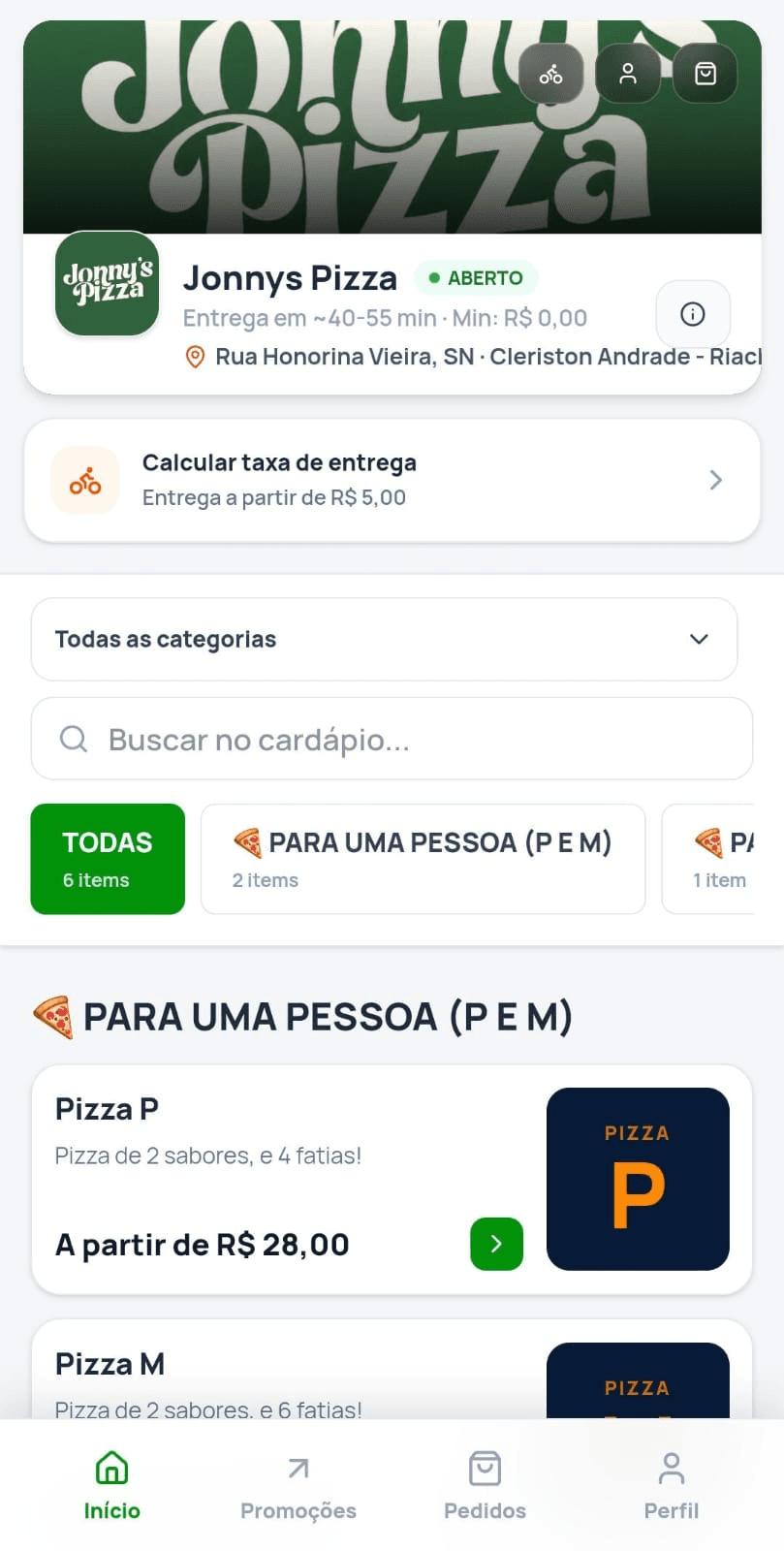 Tela mobile do cardápio digital com categorias e produtos