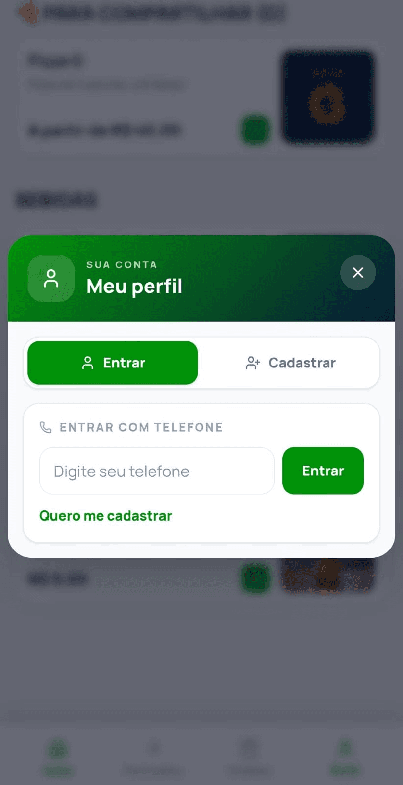 Tela mobile de login e cadastro do cliente por telefone