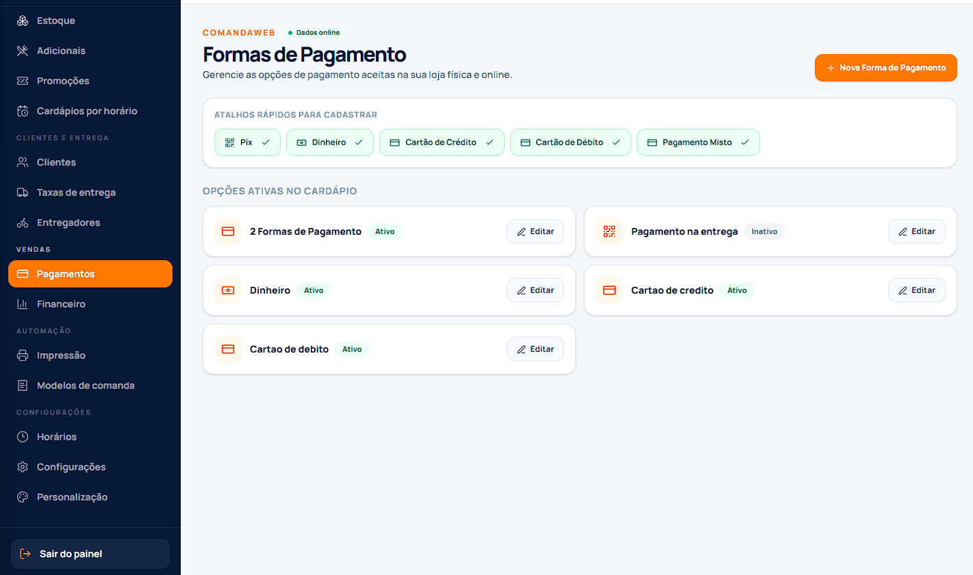 Tela de formas de pagamento do ComandaWeb